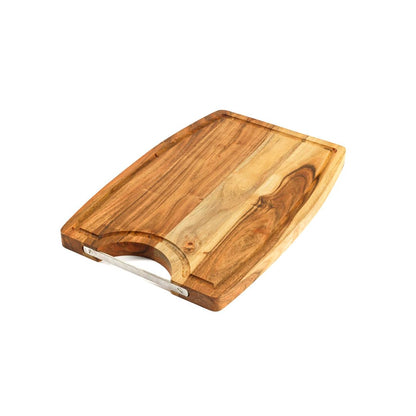 Acacia Chopping Board with Metal Handle - Square with Grooved Border and Corner Hole for Carrying or Hanging.
