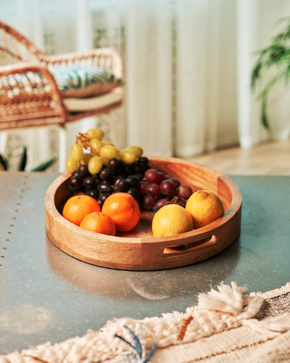 Hazelton Oaks Round wooden serving tray with handles
