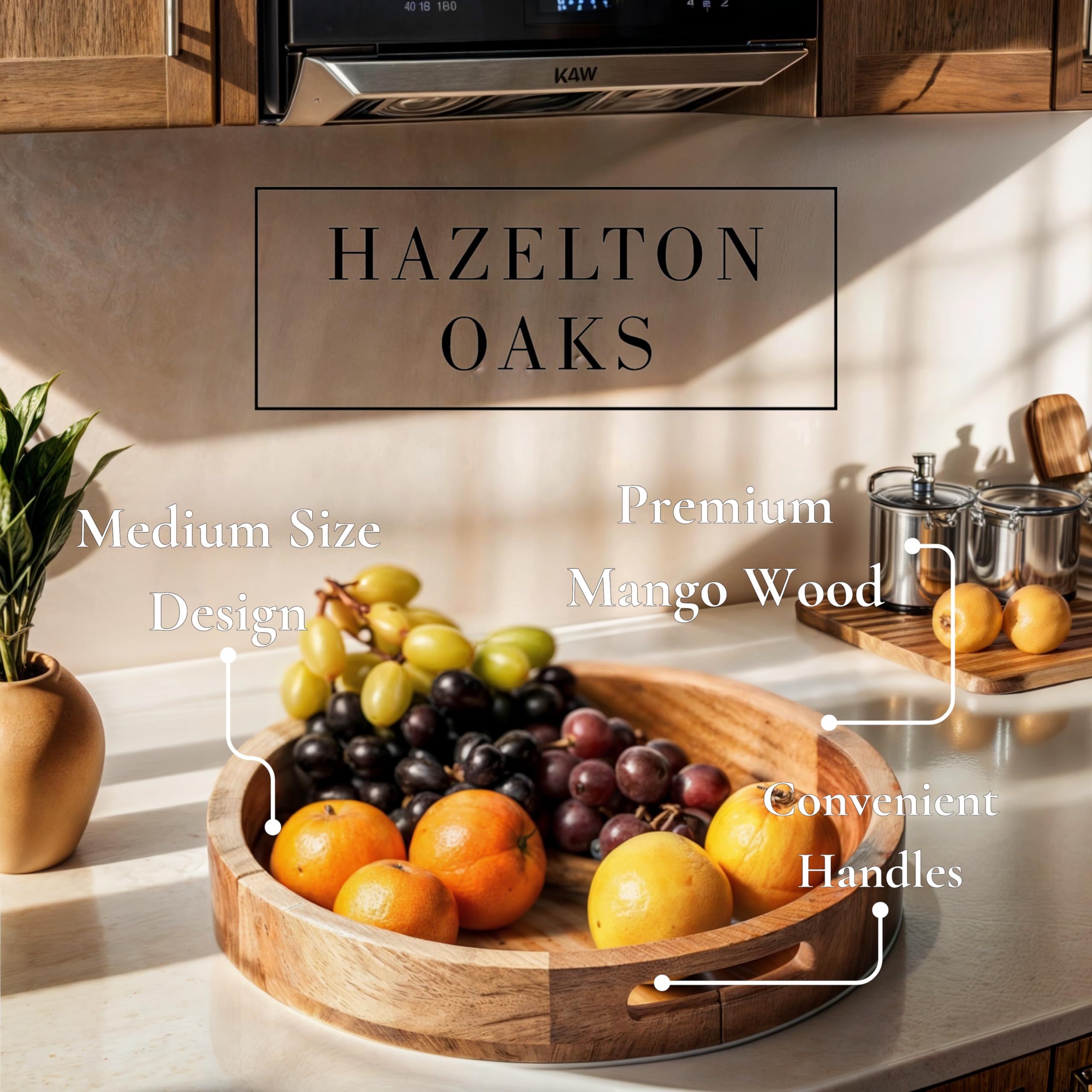 Hazelton Oaks Round wooden serving tray with handles