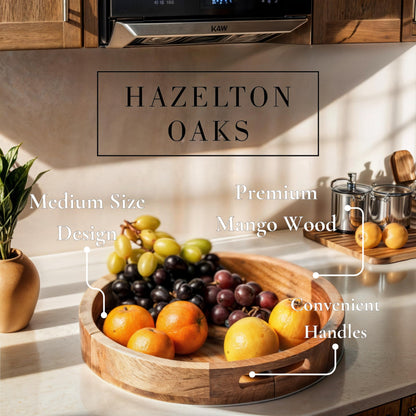 Hazelton Oaks Round wooden serving tray with handles