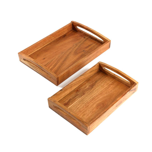 Hazelton Oaks Mango Wood Rectangle Serving Trays – Large and Small Tray Set of Both, Decorative Wooden Tray with Built-in Handles for Food Serving or Organising.