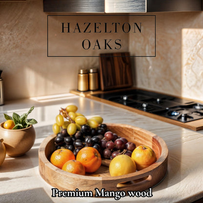 Hazelton Oaks Round wooden serving tray with handles